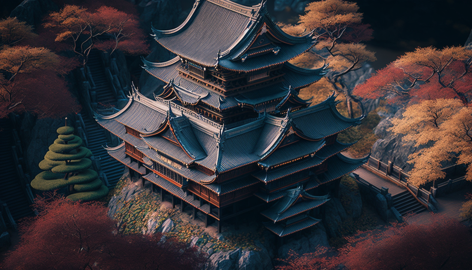 Vogelperspektive einer japanischen Burg laut einer KI
